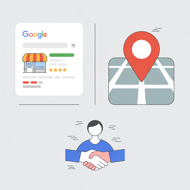 Graphic showing a Google business listing with star ratings, a map location pin, and a handshake icon, symbolizing trust, visibility, and customer connections through local SEO for businesses