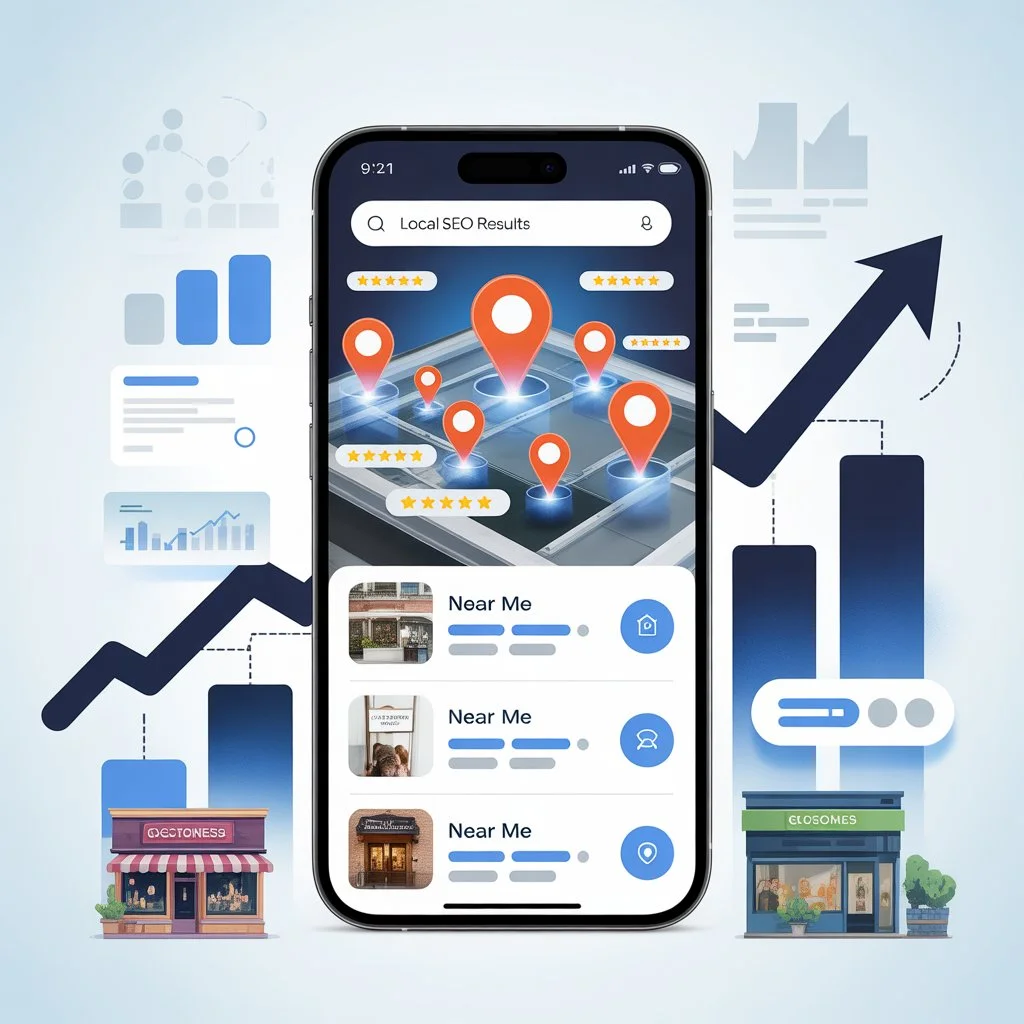 Mobile phone displaying local SEO results with map location pins, star ratings, and nearby business listings, illustrating local SEO for businesses to improve visibility and growth.
