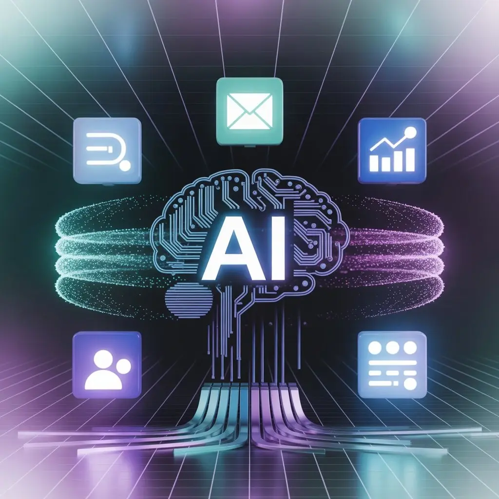 AI in digital marketing concept showing a digital brain with icons for email, analytics, customer data, and automation