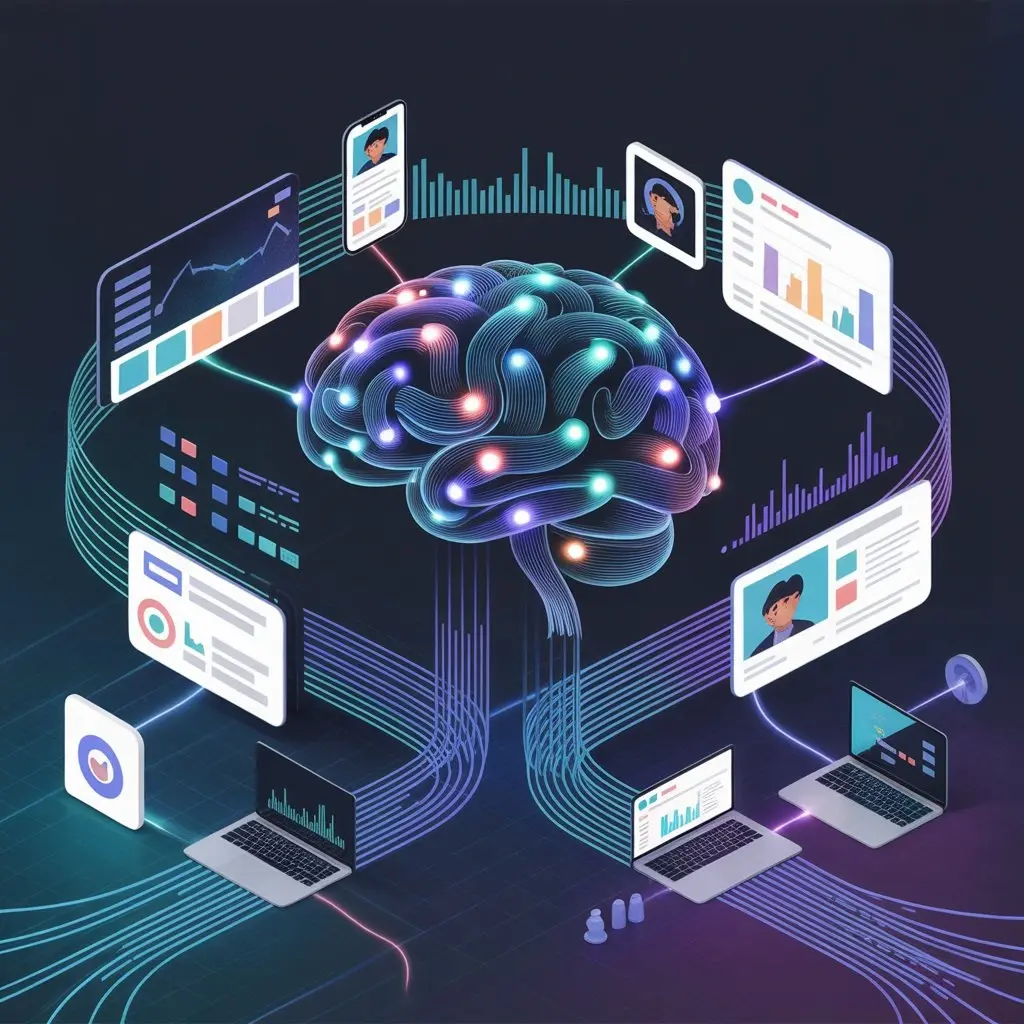 AI in digital marketing visualization featuring a glowing artificial intelligence brain connected to icons for email marketing, analytics, user profiles, and data dashboards