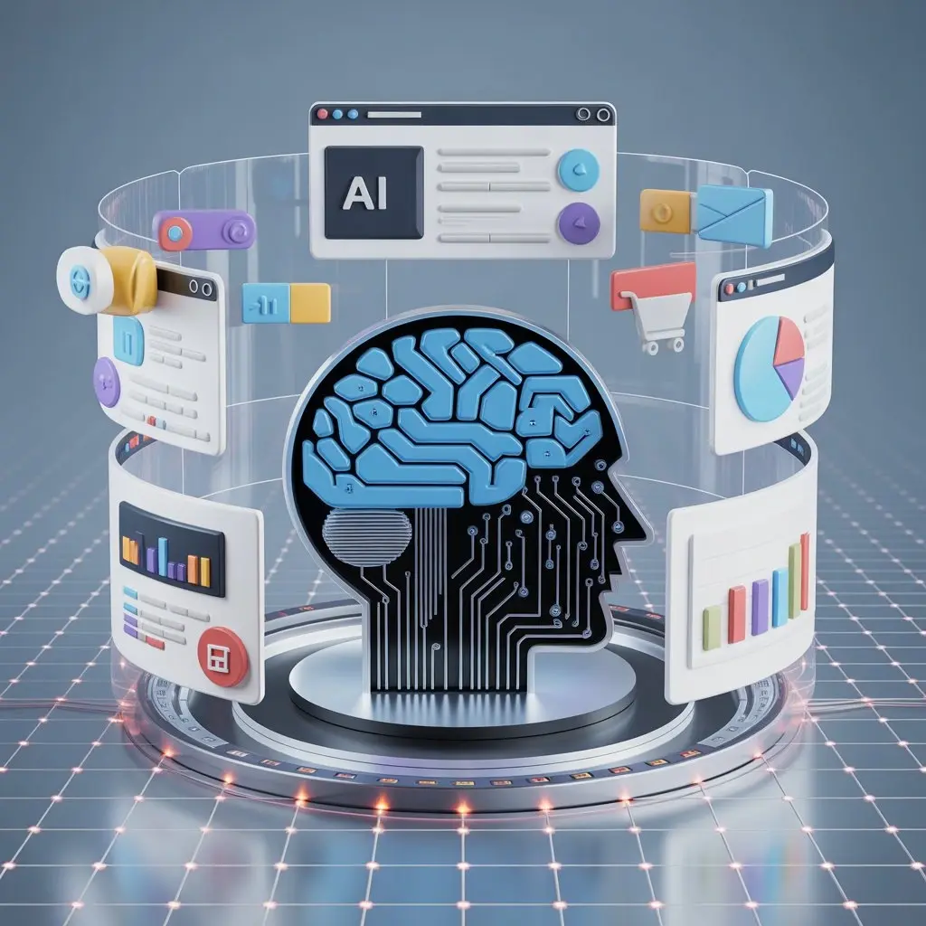 AI in digital marketing concept showing a human head with a digital brain surrounded by analytics, e-commerce, and data dashboards